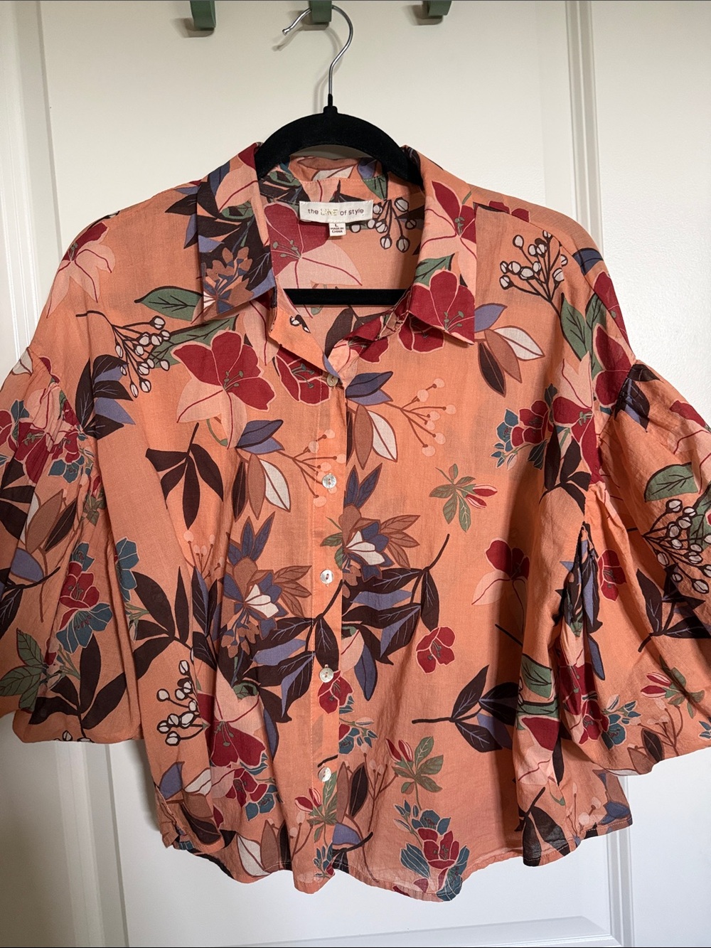 Lightweight Peach Floral Button-Up Blouse